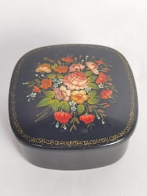 Russian Hand Painted Floral Lacquer Jewelry Box