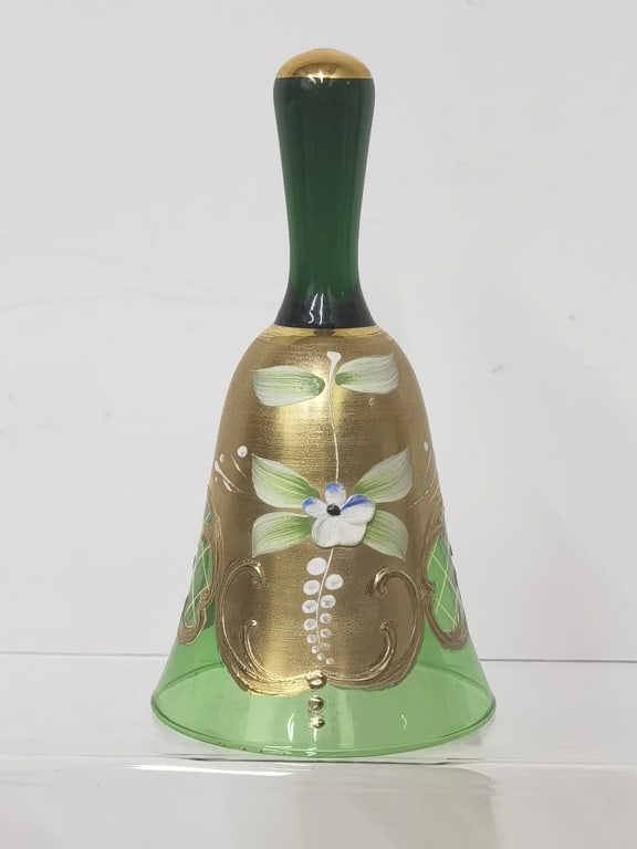 Vintage Murano Italy Gilt Floral Green Glass Bell: Vintage Murano Italy Gilt Floral Green Glass Bell, 5.75in