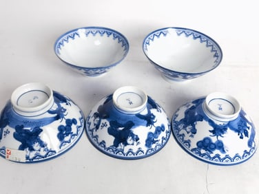 (5) Vintage Japanese Porcelain B&W Children's Play