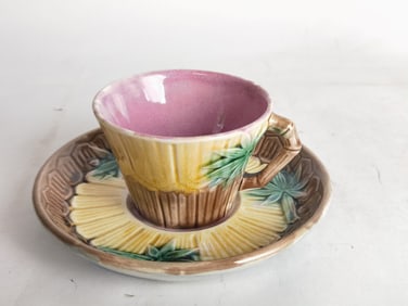 Antique Etruscan Majolica Bamboo Cup and Saucer