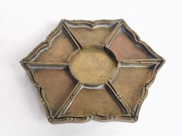 Qing Chinese Bronze Carved Hexagonal Snack Plate