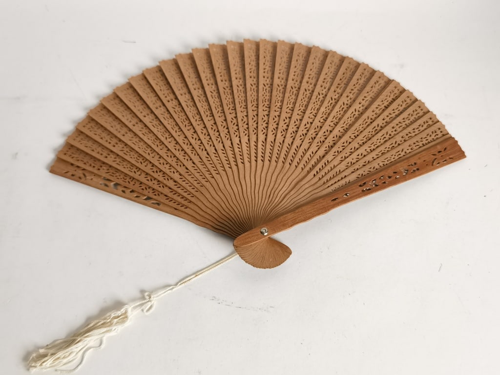 Vintage Chinese Export TanXiang Wood Carved Fan: Vintage Chinese Export TanXiang Wood Carved Fan, 13in by 8in