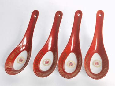 (4) Vintage Porcelain Gilt Iron Red Spoons, Taiwan