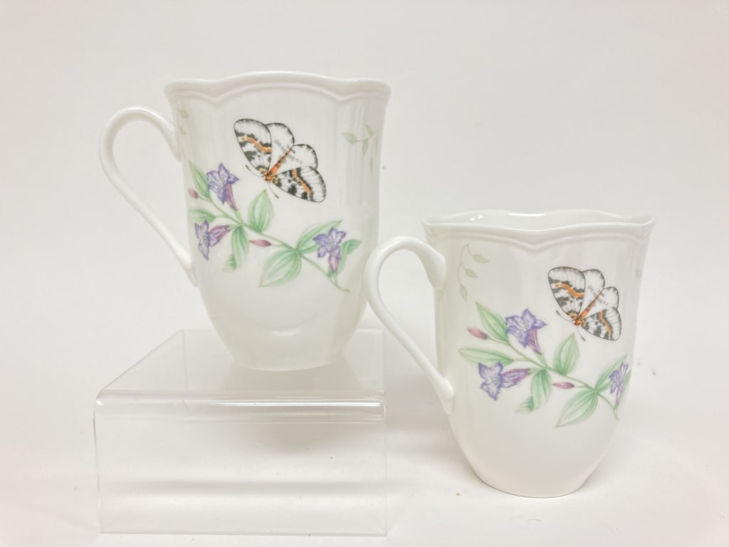 Pr. of Lenox Porcelain Butterfly Meadow Eastern Ta: Pr. of Lenox Porcelain Butterfly Meadow Eastern Tailed Blue Mugs, 4.25in