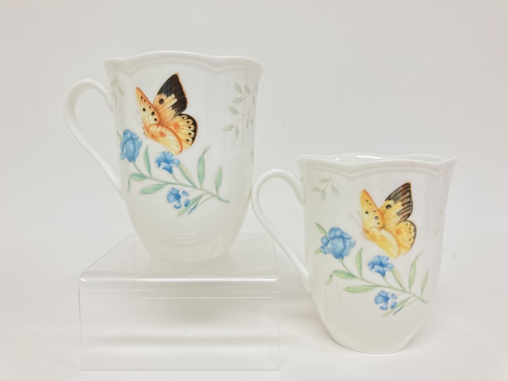 Pr. of Lenox Porcelain Butterfly Meadow Monarch Mu: Pr. of Lenox Porcelain Butterfly Meadow Monarch Mugs, 4.25in