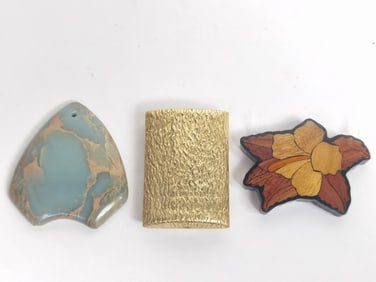 (3) Vintage Jasper/Metal/Wood Flower Pendants