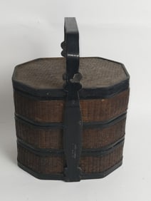 Antique Chinese Bamboo Woven Three-Tier Snack Box
