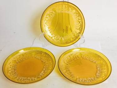 (3) Vintage Gilt Amber Glass Plates