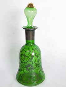Vintage Silver Overlay Emerald Glass Decanter