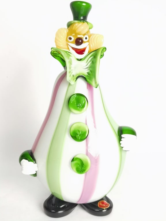 Vintage Murano Italy Stripe Art Glass Clown: Vintage Murano Italy Stripe Art Glass Clown, 10.75in