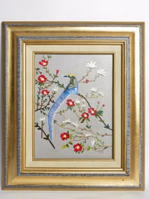 Vintage Bird and Flowers Oil Painting, Signed S. B