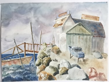 Vintage Seaside Watercolor Painting, Signed Patric