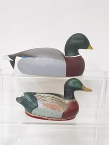 (2) Vintage Painted Wood Carved Duck Decoys, Poiss