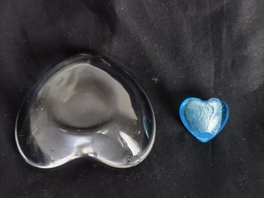 (2) Clear and Blue Glass Heart Paperweights