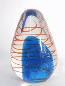Vintage Red Swirl Clear/Blue Glass Egg Paperweight