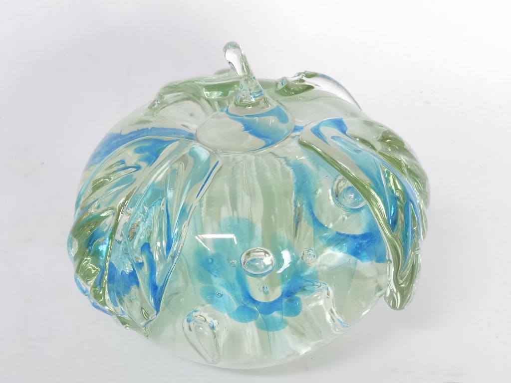 Large Vintage Murano Italy Blue Flower Glass Apple: Large Vintage Murano Italy Blue Flower Glass Apple Paperweight, 5.25in by 6in