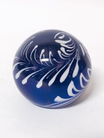 Vintage Blue Glass White Pulled Feather Paperweigh