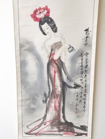 Chinese Watercolor Maiden Scroll Painting, Wu Fan