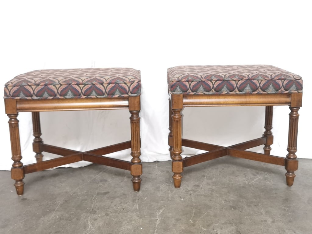 Pr. of Gordon's Upholstered Walnut Stools: Pr. of Gordon's Upholstered Walnut Stools, 17in by 19.5in by 15.5in