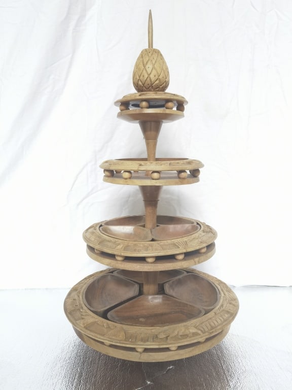 Vintage Three-Tier Hand Carved Monkey Pod Pineappl (1 of 4)