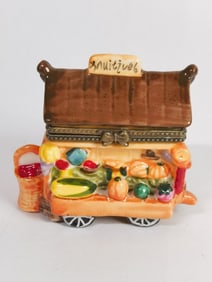 Vintage Porcelain Farm Cart Trinket Box