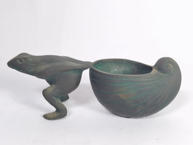 Vintage Bronze Frog Pulling Shell Planter
