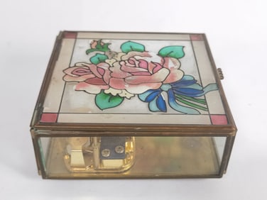 Vintage Bronze Frame Stained Glass Music Box