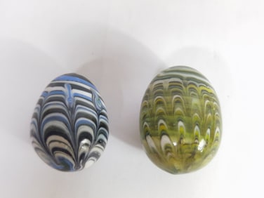 (2) Vintage Pulled Feather Art Glass Eggs