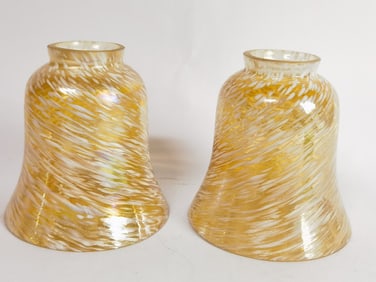 Pr. of Vintage Iridescent Yellow/White Swirl Glass