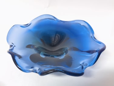 Vintage Murano Italy Blue Ruffled Glass Bowl