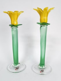 Pr. of HQT Art Glass Flower Candlesticks