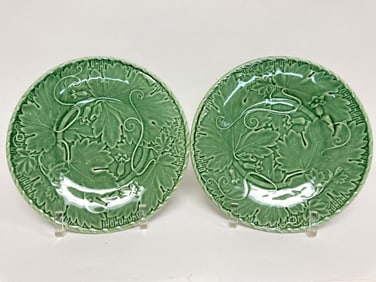 Pr. of Bordallo Pinheiro Porcelain Green Vines Pla