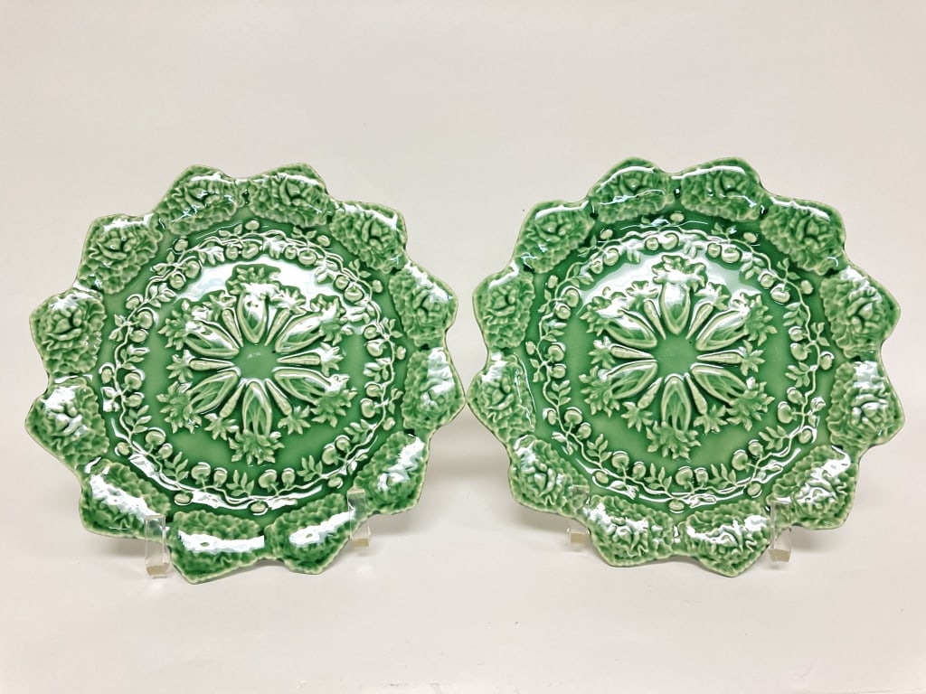 Pr. of Bordallo Pinheiro Porcelain Rabbit Green Ac: Pr. of Bordallo Pinheiro Porcelain Rabbit Green Accent Salad Plates, 8.25in