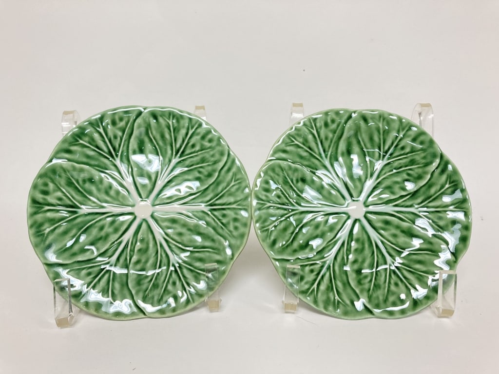 Pr. of Bordallo Pinheiro Porcelain Green Cabbage P: Pr. of Bordallo Pinheiro Porcelain Green Cabbage Plates, 5.5in