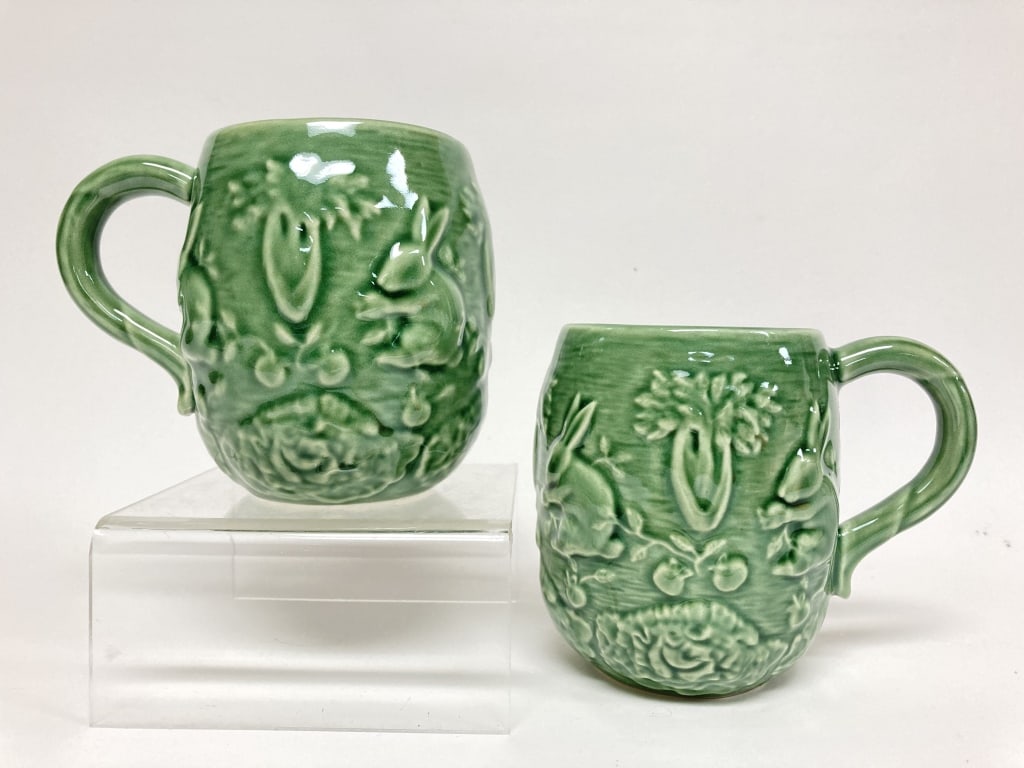 Pr. of Bordallo Pinheiro Porcelain Rabbit Green Mu: Pr. of Bordallo Pinheiro Porcelain Rabbit Green Mugs, 3 7/8in