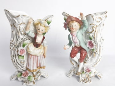 Pr. of Vintage Victorian Porcelain Boy/Girl Vases