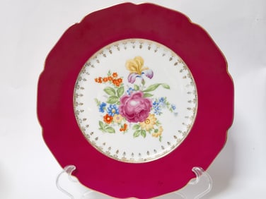 Vintage Czech Porcelain Gilt Red Rim Floral Plate