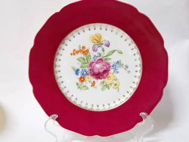 Vintage Czech Porcelain Gilt Red Rim Floral Plate