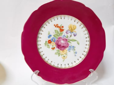 Vintage Czech Porcelain Gilt Red Rim Floral Plate