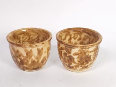 Pr. of Antique Yellow Brown Sponge Pottery Cups