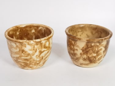 Pr. of Antique Yellow Brown Sponge Pottery Cups