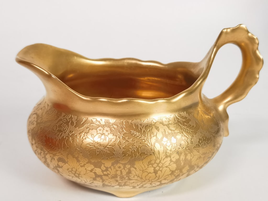 Antique Fraukfelter Gilt Porcelain Creamer: Antique Fraukfelter Gilt Porcelain Creamer, 3.25in by 4.75in