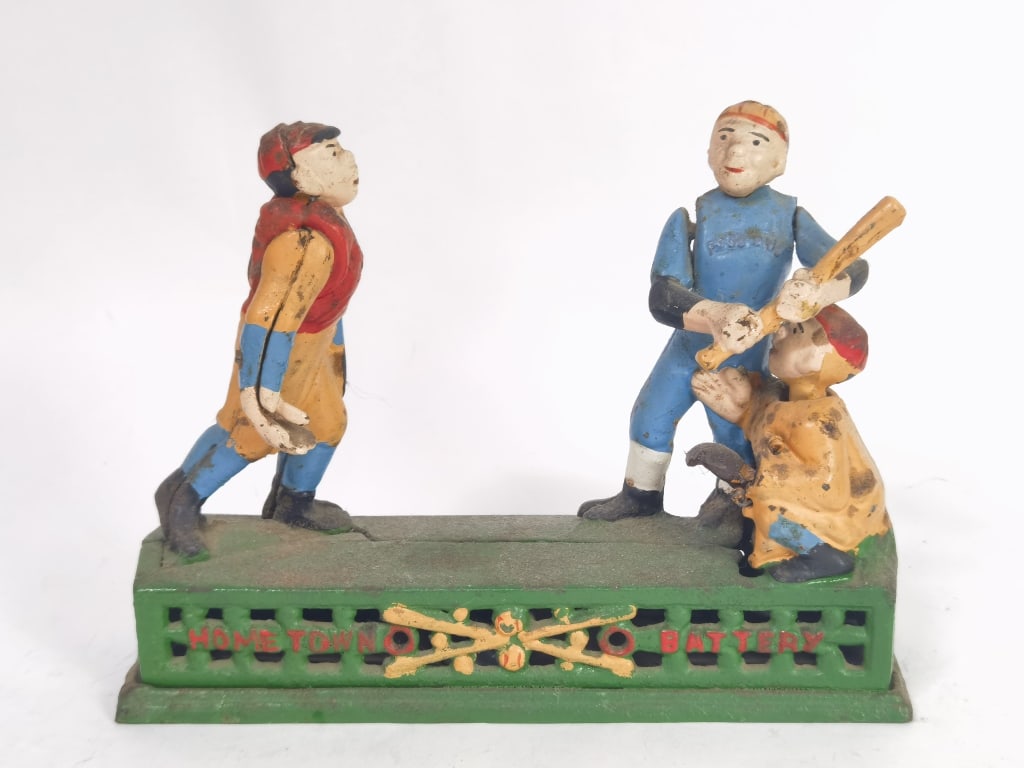 Vintage Metal Hometown Battery Mechanical Bank: Vintage Metal Hometown Battery Mechanical Bank, 6.75in by 9.5in