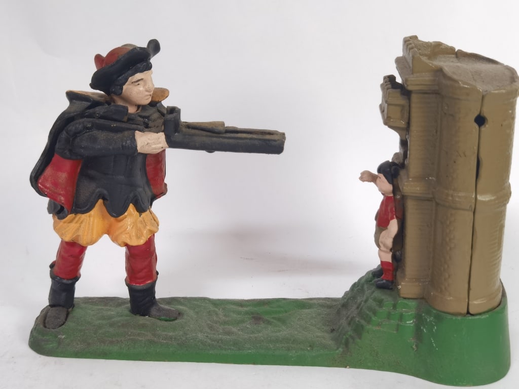 Vintage Metal William Tell Shooting Mechanical Ban: Vintage Metal William Tell Shooting Mechanical Bank, 6.75in by 10in
