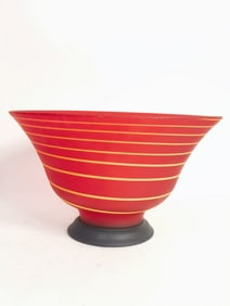 Large Frosted Yellow Swirl Red Art Glass Bowl