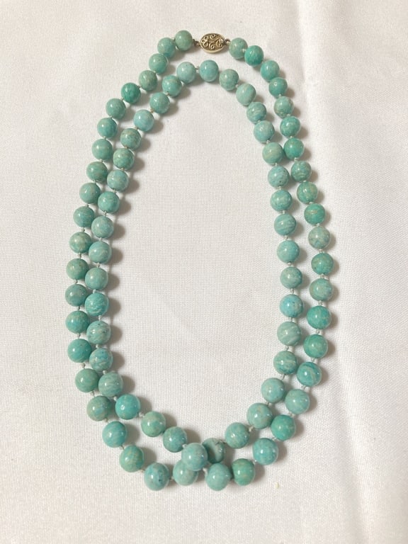 Turquoise Bead Necklace with Silver Clip: Turquoise Bead Necklace with Silver Clip, 18in