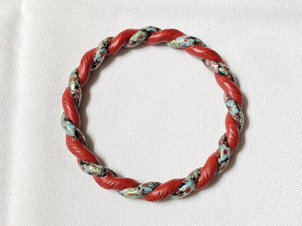 Faux Cinnabar and Cloisonne Bangle Bracelet (1 of 3)