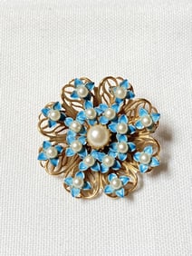 Costume Faux Pearl Blue Enamel Flower Brooch