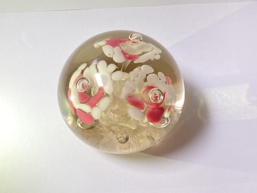Unmarked Pink/White Flower Glass Paperweight