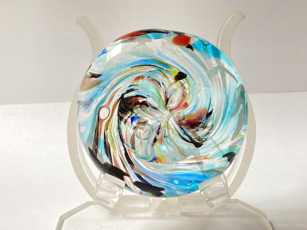 Unmarked Multicolor Swirl Art Glass Paperweight: Unmarked Multicolor Swirl Art Glass Paperweight, 5/8in by 3in